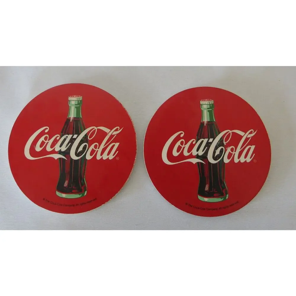 Vintage COCA COLA COKE Coasters in Wood Holder Stone Cork Set of 4 Soda Drinks